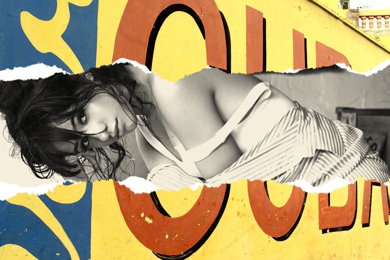 A torn-out image of Camila Cabello between a sign that says Cuba.